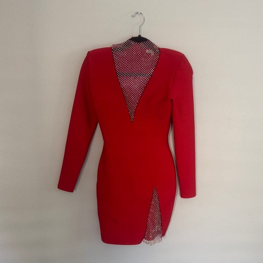 Red Bandage Bodycon Dress with Rhinestone Mesh Detail